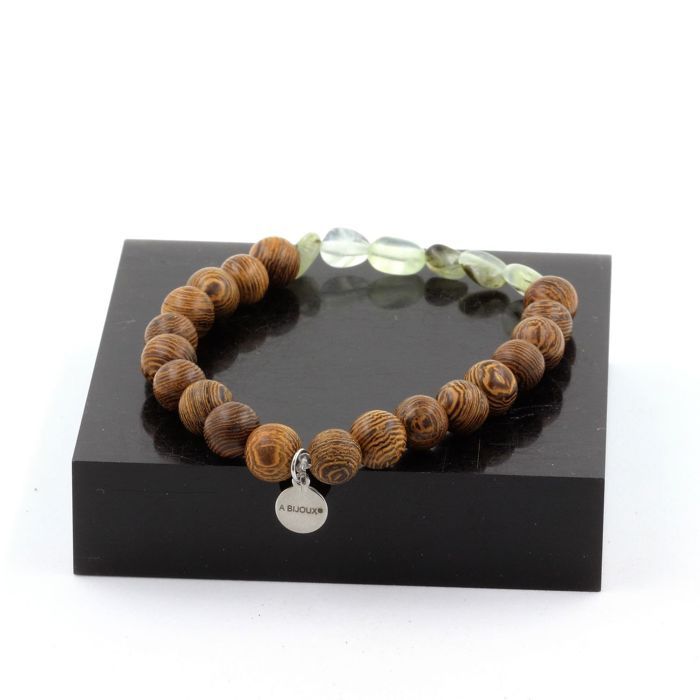 Stones and Minerals. Prehnite Bracelet from Canada + 8 Mm Wooden Beads. Made In France.