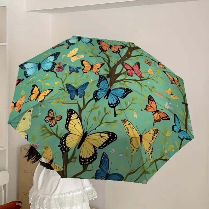 1pc Butterfly Garden Round Rug Umbrella with Plastic Handle,Suitable for All Seasons Home Travel Outdoor UmbrellaDD1609