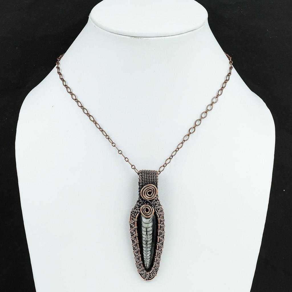 Orthoceras Ископаемый кулон, медная проволока, кулон, уникальный кулон ручной работы, медная проволока, ювелирные изделия, кулон из натурального драгоценного камня, подарок для нее