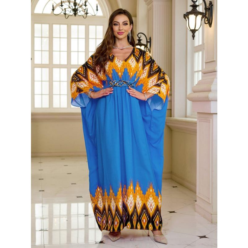 Женская мода весна осень геометрический принт длинный рукав V-образный вырез свободная талия повседневные платья