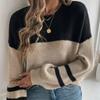 Autumn and Winter Round Neck Casual Long Sleeve Knitted Sweater Loose Knitwear Color Contrast   Design Warm Pullover Sweater