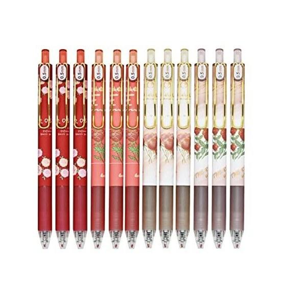 Maydahui Red Rose Knock Ballpoint Pen 0.5mm Black Ink 12 Pieces Stylish Flower Gel Easy Write Stationery Office Party Supplies Gift