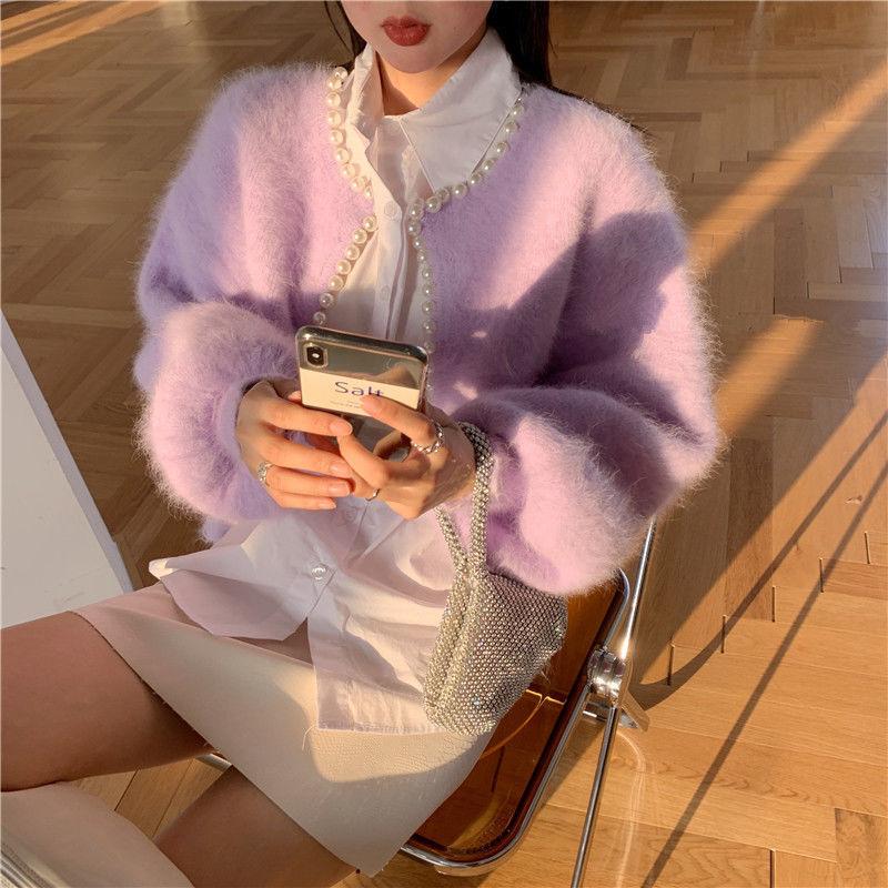 2022 женский жемчужный вязаный свитер с рукавами-фонариками из искусственного норкового флиса, женский свитер-кардиган