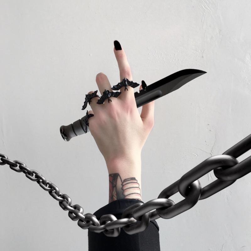 Регулируемое кольцо с изображением животного в готическом стиле, черная летучая мышь