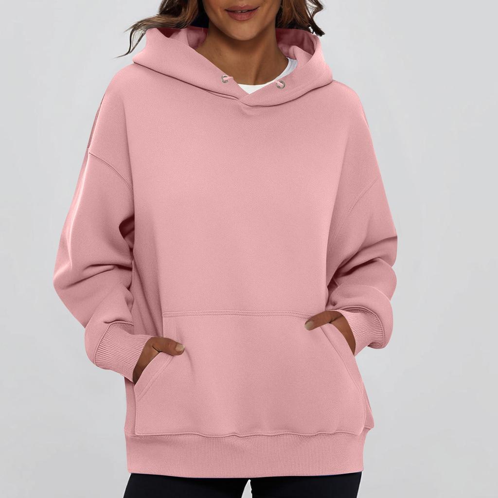 Ladies' Fashionable Solid Color Casual Hooded Pocket Long Sleeved Sweatshirt