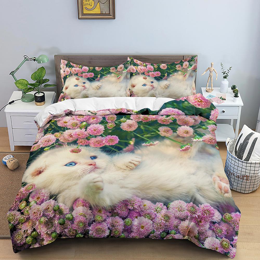 White Cat King Queen Duvet Cover Kawaii Pet Kitty Bedding Set For Kids Teens Adults Family Animal 2/3pcs Polyester Quilt Cover