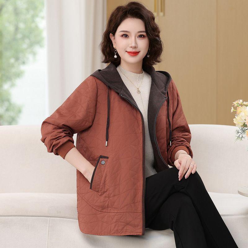 Autumn Style Quilted Thin Cotton Jacket, Spring and Autumn Hooded Loose Short Baseball Jacket, Casual Outerwear for Middle-Aged and Elderly Mothers