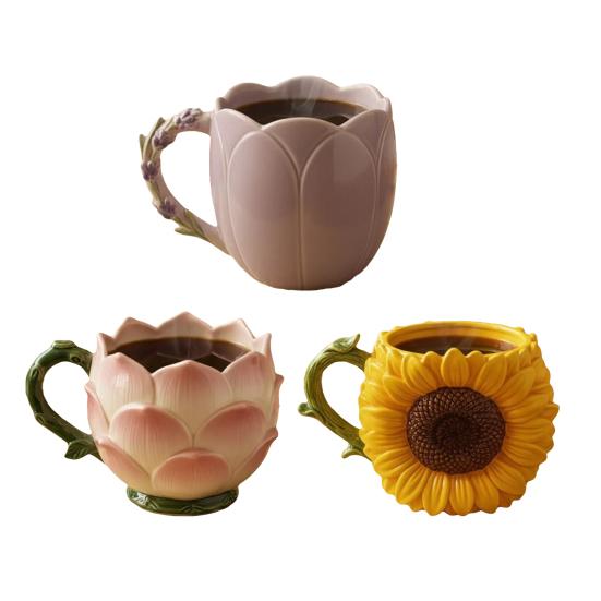 Flower Coffee Mug with Large Capacity Tea Milk Water Floral Shape Handle Heat-resistant Drinking Cup Decoration