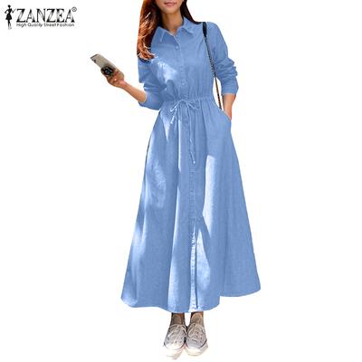 Женское повседневное длинное платье-рубашка с отложным воротником и длинными рукавами