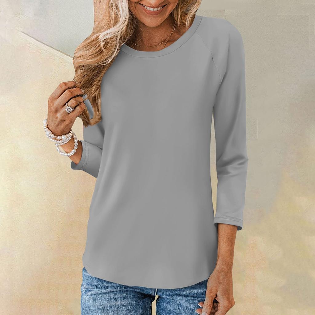 Рубашка для женщин, модная повседневная свободная однотонная футболка с рукавами реглан и круглым вырезом, рукав 3/4, женский топ