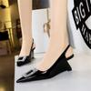 Fashion Fashion Patent Leather Shallow Mouth Pointed Toe Hollow Back Strap High Heels Shoes Rhinestone Buckle Wedges Lady Pumps