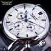 Jaragar Brand Men Automatic Self Wind Mechanical Watch White 3 Dials Calendar Blue Hands Simple Business Leather Band Wristwatch