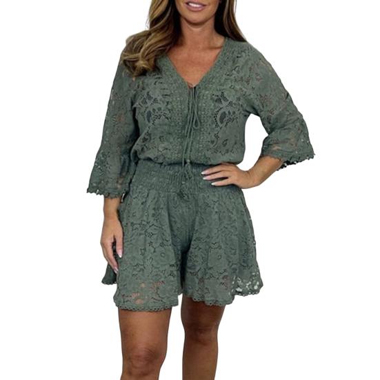 2 шт./компл., женский топ, шорты, комплект, ажурное кружево, цветочная вышивка, V-образный вырез, шнурок, рукава три четверти, эластичная высокая талия, свободные свидания, поездки на работу