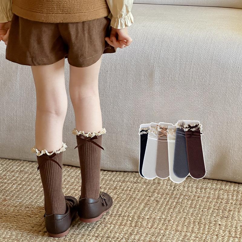 Милые детские носки принцессы для девочек в стиле ретро с кружевом и бантом, детские носки из мягкого хлопкового ворса для школы на весну и осень