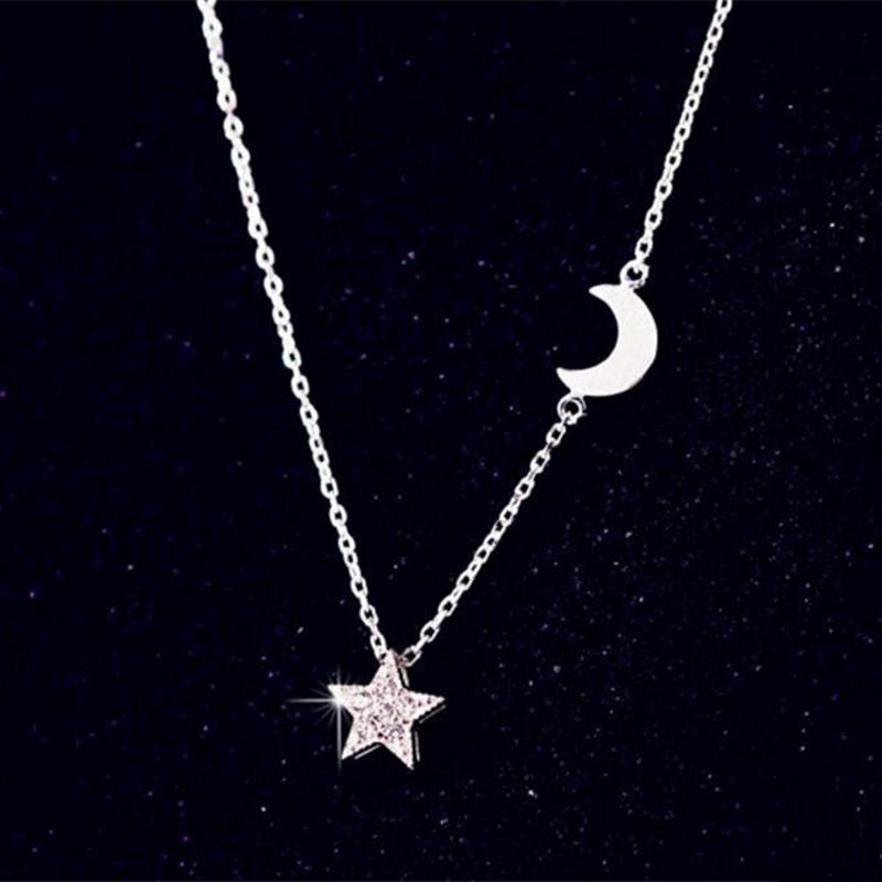 Korean Fashion 925 Sterling Silver Jewelry Wholesale Star And Moon Crystal Pendant Female Exquisite Necklaces H255