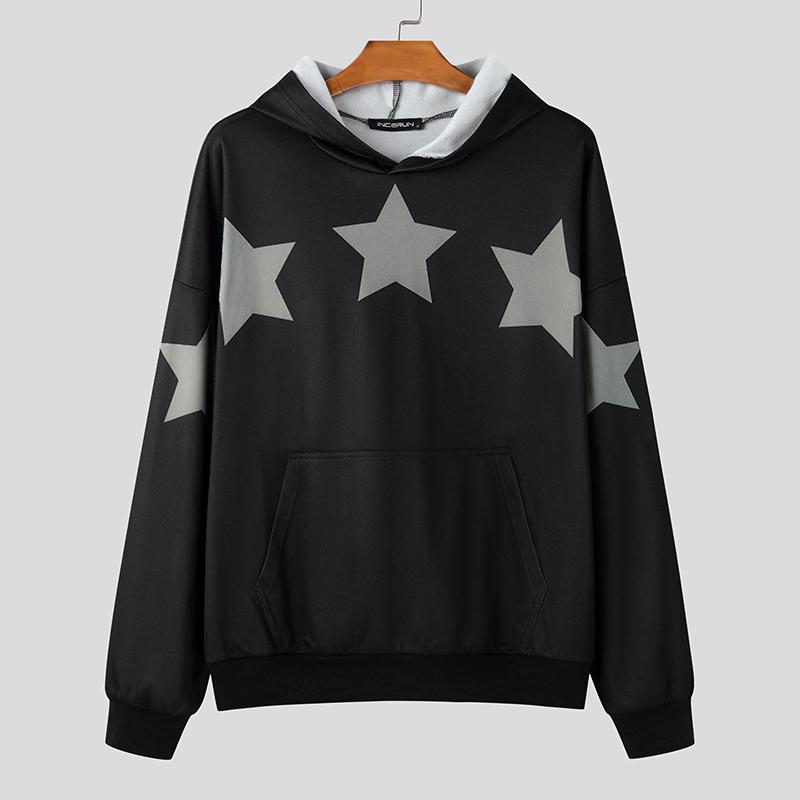 INCERUN Мужские весенние толстовки большого размера с длинным рукавом и принтом звезд. Толстовки с капюшоном.