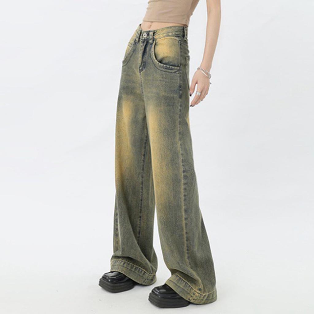 American Retro Distressed Yellow Mud Wide-leg Jeans For Women Fall New High Waist Loose Personality High Street Straight Pants