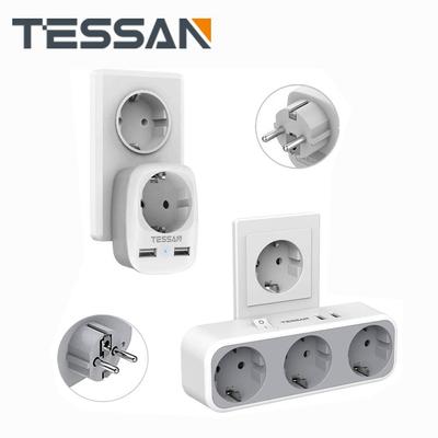 Tessan Удлинитель европейских розеток с розетками переменного тока на 1/3, 2 USB-портами для зарядки и переключателем включения/выключения. Настенная розетка европейского стандарта для дома, офиса, путешествий