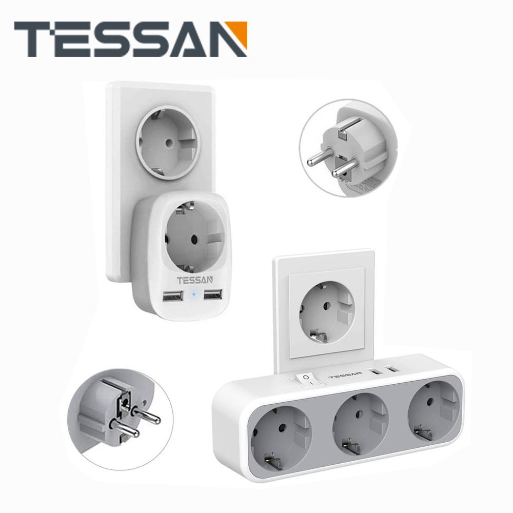 Tessan European Outlets Extender Power Strip with 1/3 AC Outlets, 2 USB Charging Ports and On/Off Switch EU Wall Socket for Home, Office, Travel