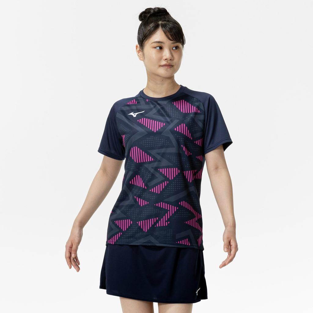 Mizuno Table Tennis Game Short JTTA Dress Navy Shirt, Sleeve, Certified, Moisture-Wicking, Quick-Drying, Unisex, 82JAC104,