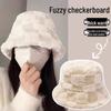 Japanese Style Brown Checkerboard Plush Bucket Hat with Ear Protection for Men and Women - Autumn/Winter Lamb Wool Fisherman Hat