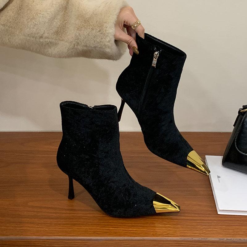 Мода Мода Острый Носок Металл Женские Ботильоны Современные Ботинки На Каблуке Обувь Женские Короткие Ботинки Женская Обувь На Молнии Туфли-Лодочки