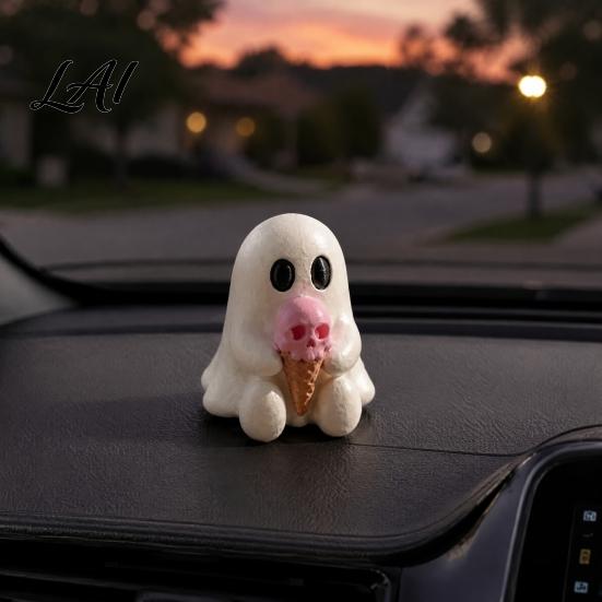 Sweet Cool Room Ornaments Halloween Mini Ghost Decorative Figurine 3D Printed White Statue with Pink Skull Ice Cream Cute Desktop Ornament for Home