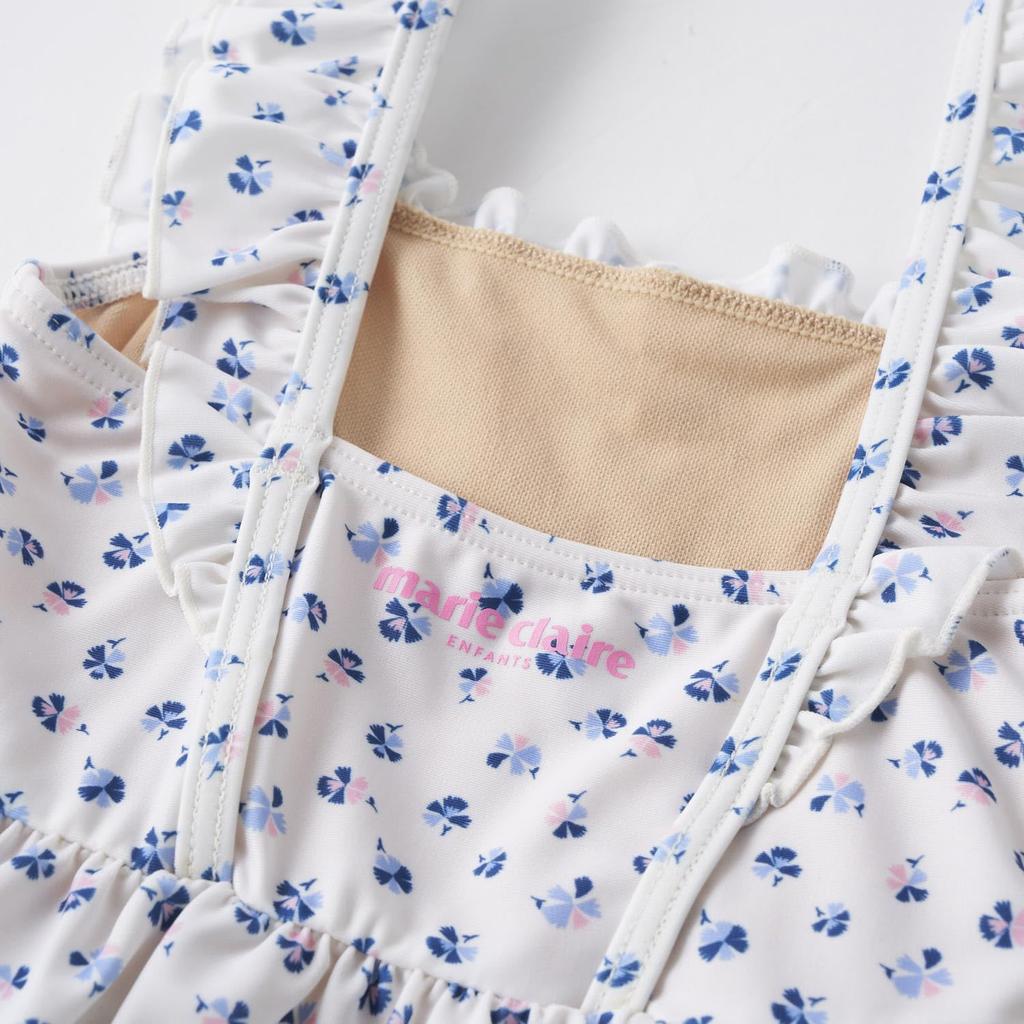 Marie Claire One-Piece Swimsuit with Small Floral Print and Ruffled Shoulders, Off-White, 125702, Girls