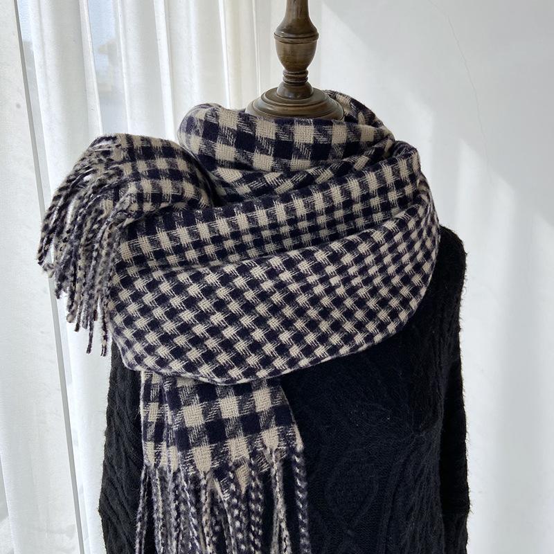 Женский зимний шарф, новый теплый ретро клетчатый контрастного цвета, клетка «тысяча птиц», вязаный шарф с бахромой