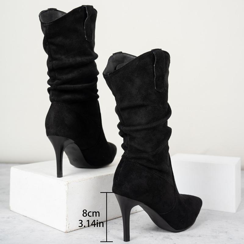 Новый стиль Популярные винтажные плиссированные ботильоны с острым носком до середины икры Женские туфли на тонком низком каблуке Короткие женские ботинки Zapatos Mujer