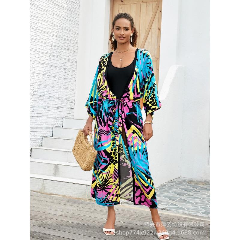 Плюс Размер Женский Пляжный Принт Кардиган Бикини Солнцезащитный Купальник С Накидкой