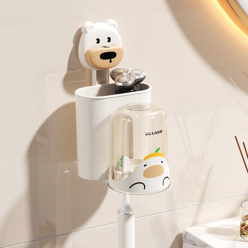 Cartoon Suction Cup Toothbrush Storage Rack, No Punching Wall Mounted Toothpaste Cup Holder, Bathroom Mouthwash Cup, Cute