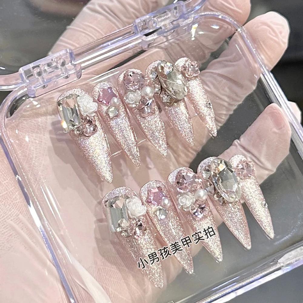 10Pcs Luxury 3D Rhinestone Handmade Transparent Press On Nails Shiny Long Coffin Reusable Full Cover Nail Art Gift