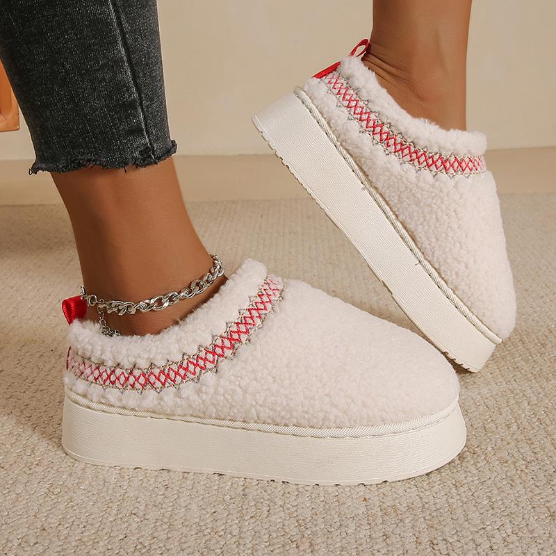 Women Embroider Wool Cotton Boots Shallow Fluffy Plush Close Toe Ladies Boots Winter Thick Suede Platform Shoes Boats