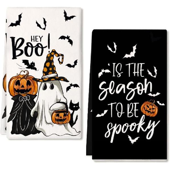 ARKENY Pumpkin Ghost Halloween Kitchen Towels Set of 2,Black Bat Boo Dish Towels 18x26 Inch,Farmhouse Home Indoor Vintage Party Decoration AD394
