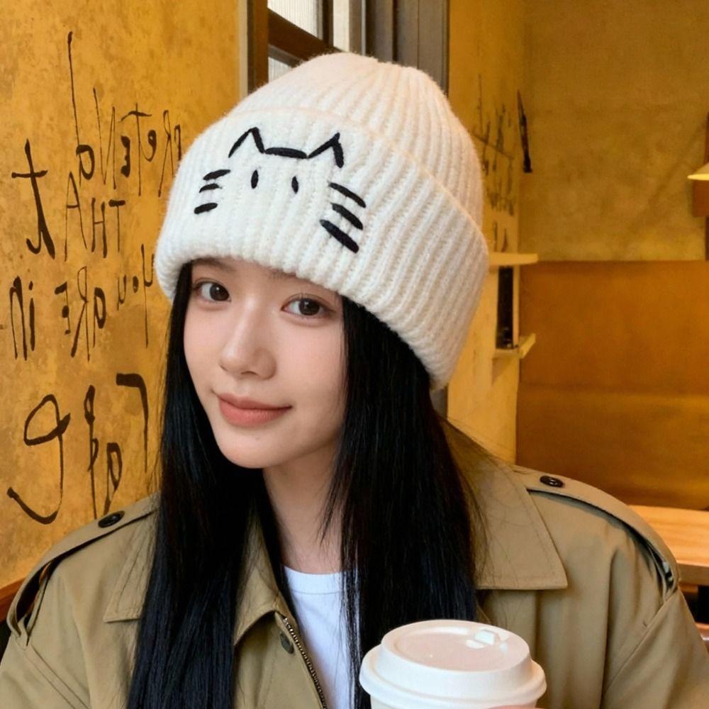 Embroidered Kitten Knit Beanies Warm Printing Knit Cap Casual Cute Cat Knitted Hat Outdoor