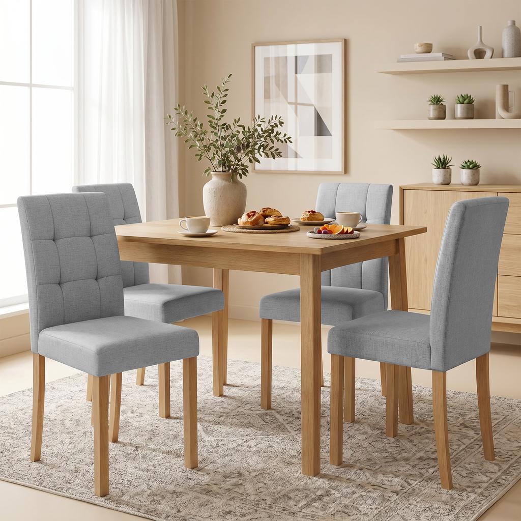 Dining Chairs, Set of 2, Linen-Effect Upholstered Seat, Light Grey