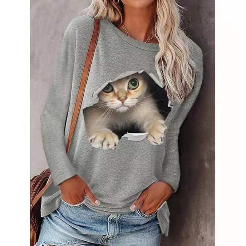 YYFS Women's Fashion Casual Spring Fall Cat Print Long Sleeve O Neck Blouses & Shirts