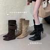 Design Sense Spice Girl Wedge Trouser Boots Autumn and Winter New Pointed But Knee Mid-heel Fashion Boots Temperament Fashion Boots
