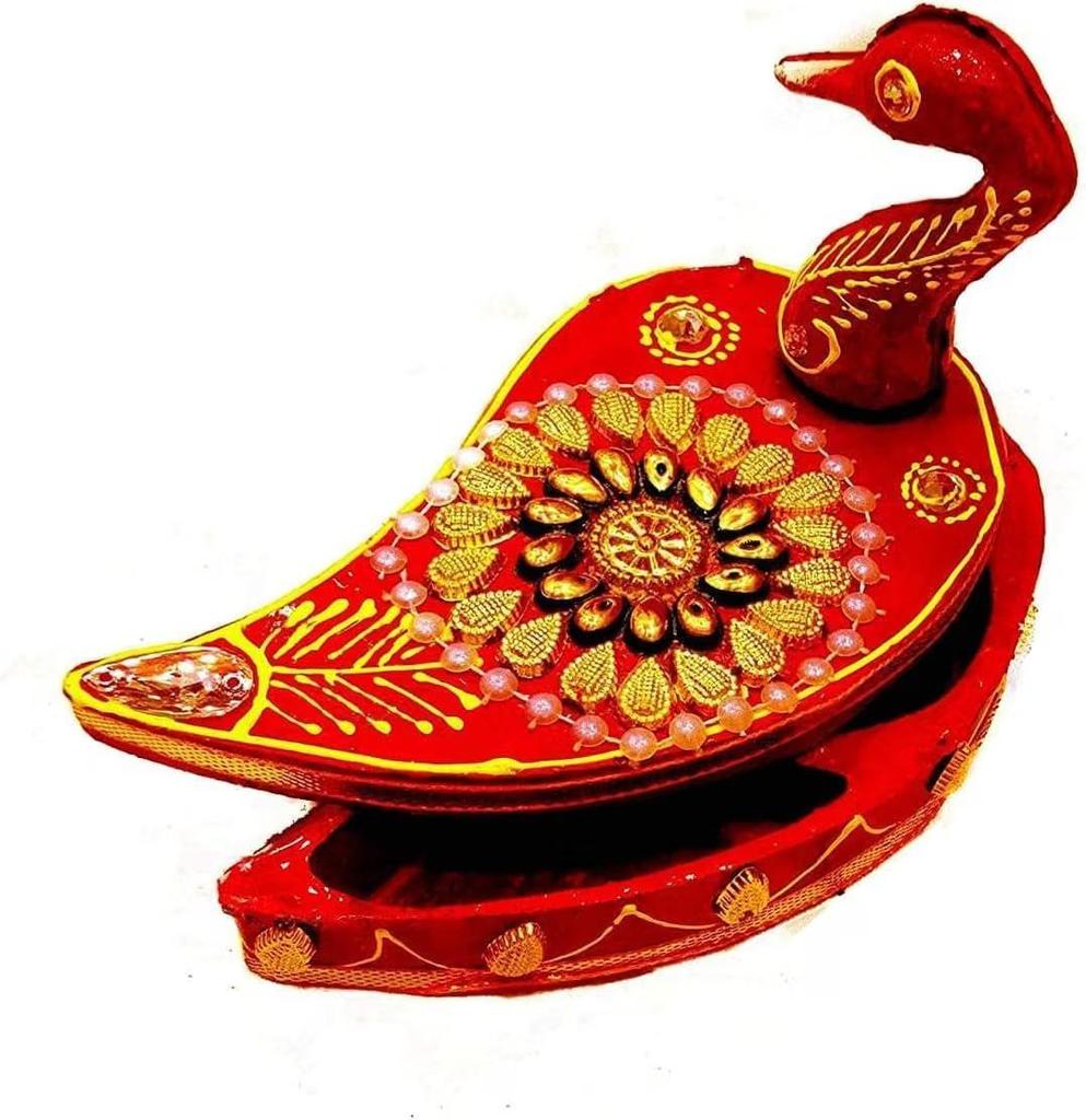 Decorative Red & Golden Steel Karwachauth Thali Set - Channi, Kalash, Diya, Bowls, & Kumkum Box for Festivals, Vrat & Rituals