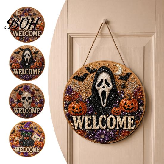 Beginner Friendly Door Sign Kit Halloween Faux Pearl Kit, Ghost Skull Skeleton Cat Welcome Decorative Painting Crafts Handmade Arts for Wall