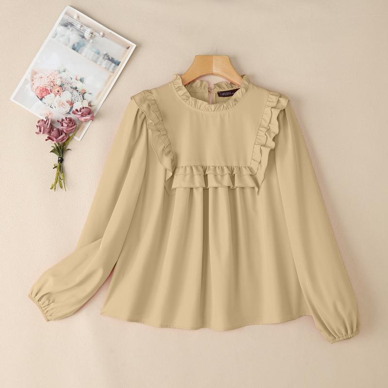 ZANZEA Женская повседневная однотонная свободная блузка с круглым вырезом и длинным рукавом