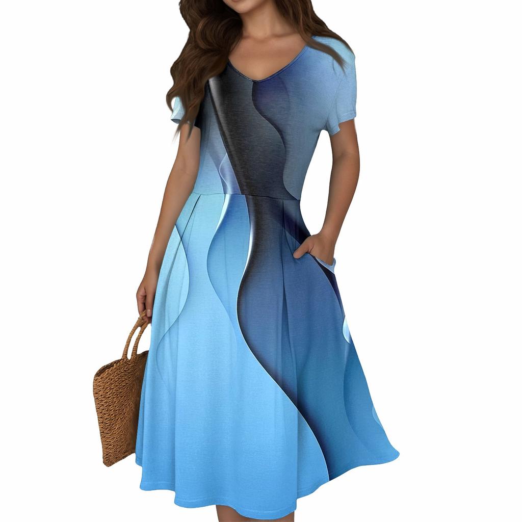 Женское летнее повседневное платье с принтом, V-образным вырезом, короткими рукавами и карманами