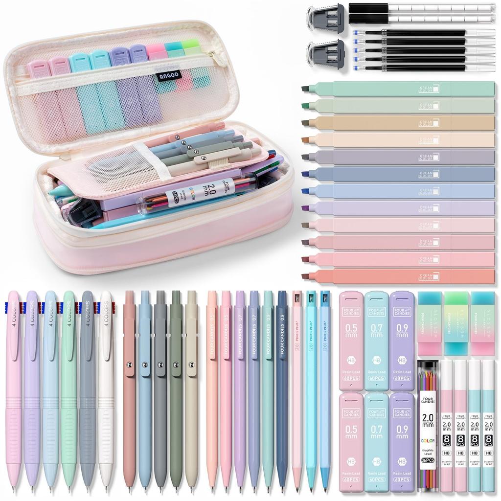 Four Candies Stationery 56 Piece Set 4 Color Ballpoint Pen Mechanical Pencil Fluorescent Gel Ballpoint Pen Pen Case Refill Refill Stationery Writing
