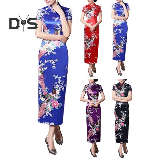 Women Dress Chinese National Style Floral Print Stand Collar Short Sleeves High Side Split Chinese Knot Buttons Cheongsam Satin Silky Slim Fit Summer