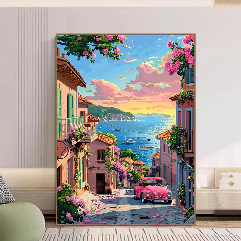 5d DIY Diamond Painting Cross Stitch Seaside Town Scenery Diamond Embroidery Mosaic Full Round Drill Home Decor