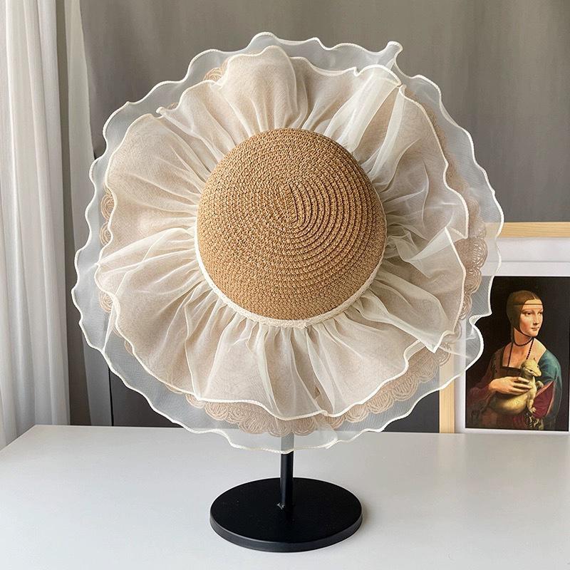 Женская кружевная соломенная шляпа с жемчугом, летняя соломенная шляпа с большими полями, праздничная шляпа от солнца для взрослых, повседневная кепка для пляжа