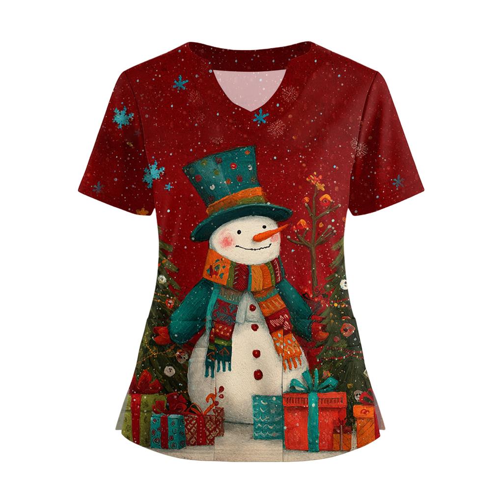 Женская футболка с коротким рукавом, рождественским принтом, V-образным вырезом, на пуговицах сбоку и разрезом