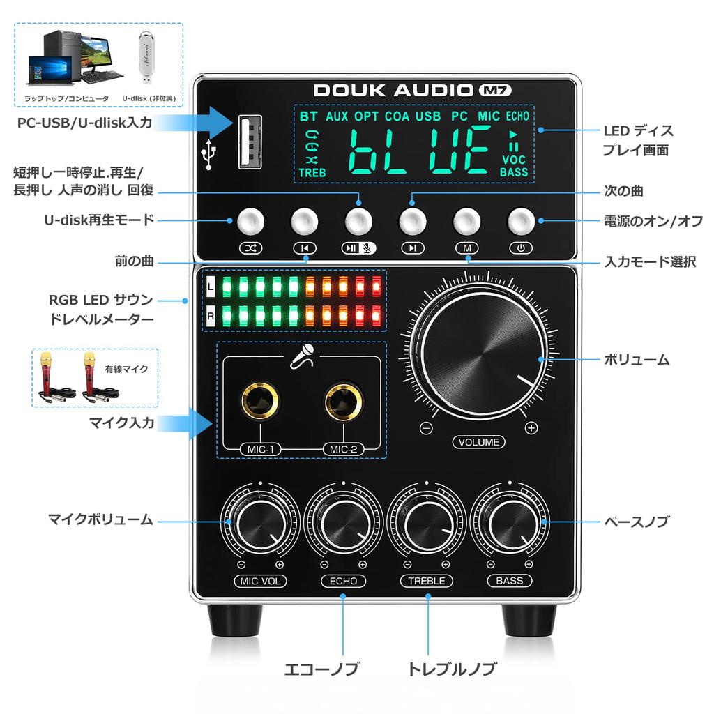 Nobsound M7 HiFi Bluetooth Digital Power Amplifier MIC Digital Audio Amplifier Karaoke USB Player 5.0 S/PDIF (DC INPUT)