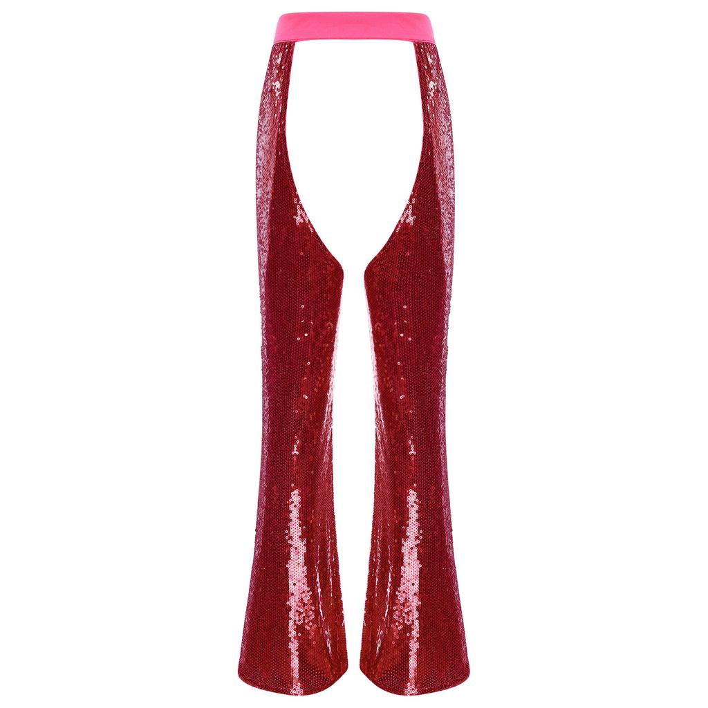 Womens Halloween Glitter Sequin Cowgirl Chaps Adjustable Waist Crotch Hollow Out Fully Lined Flared Pants